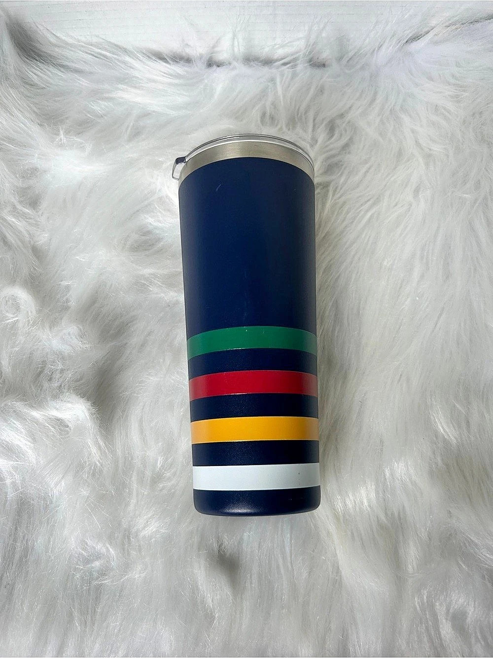 Hudson Bay Striped Tumbler in Blue with stripes.